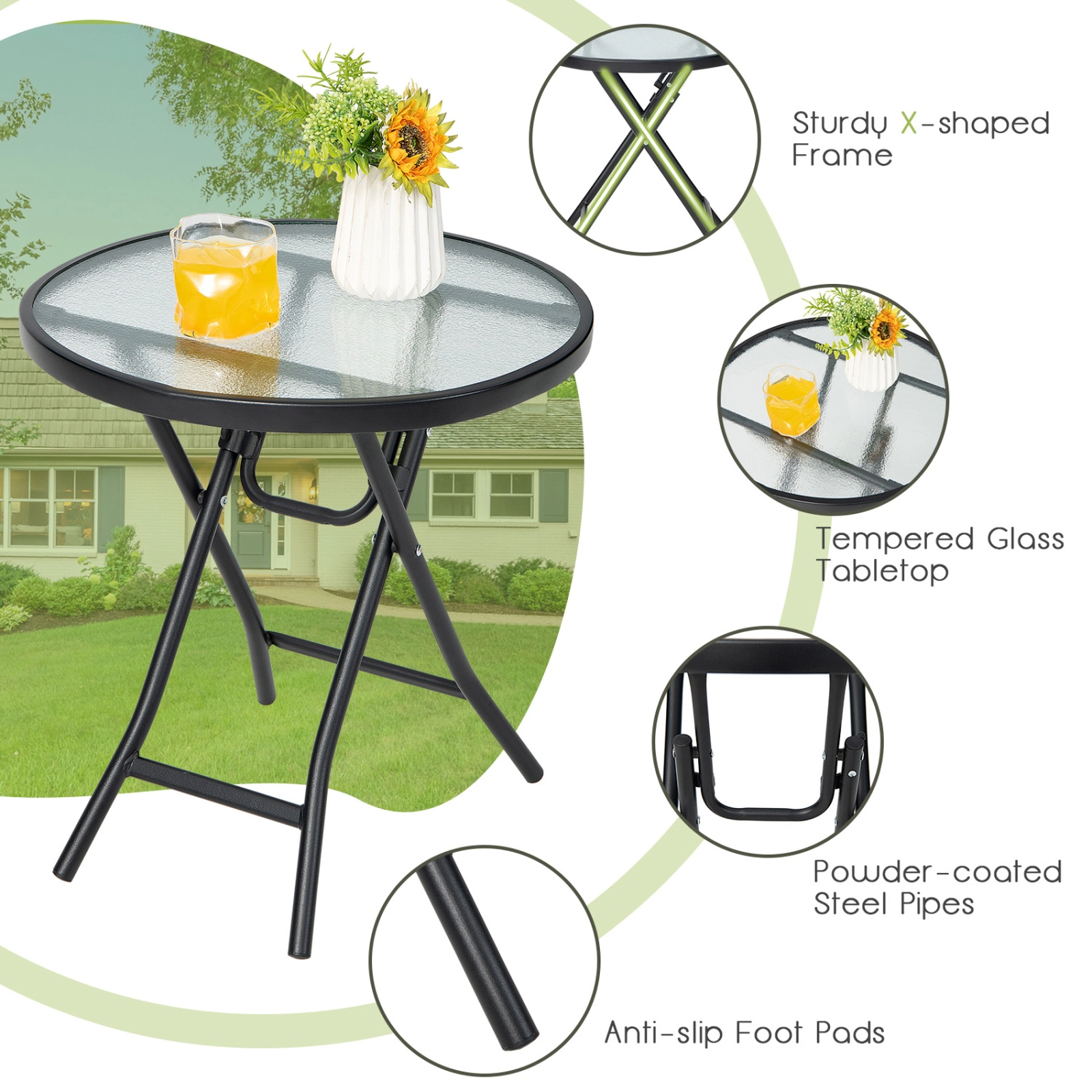 SUGIFT Set of 2 Folding Round Patio Side Tables with Tempered Glass Top 18 x 18.5-in Surface 110-lb Capacity Black