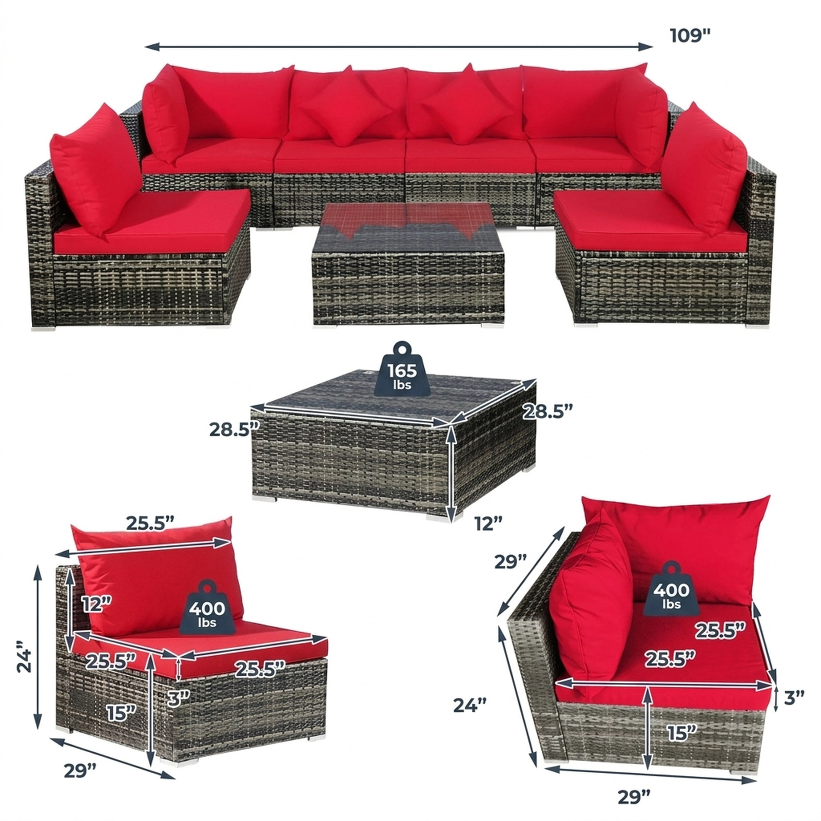 SUGIFT Tempered Glass Table Cushions and Throw Pillows 7-Piece Patio Rattan Sectional Sofa Set