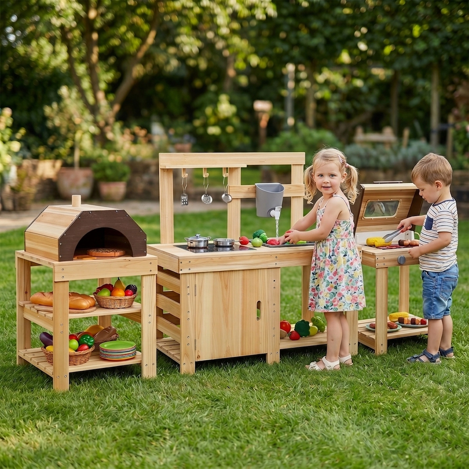 3-Piece Kids Outdoor Mud Kitchen Set with BBQ Grill Pizza Oven and Play Food 34-in x 16.5-in x 37-in Fir Wood