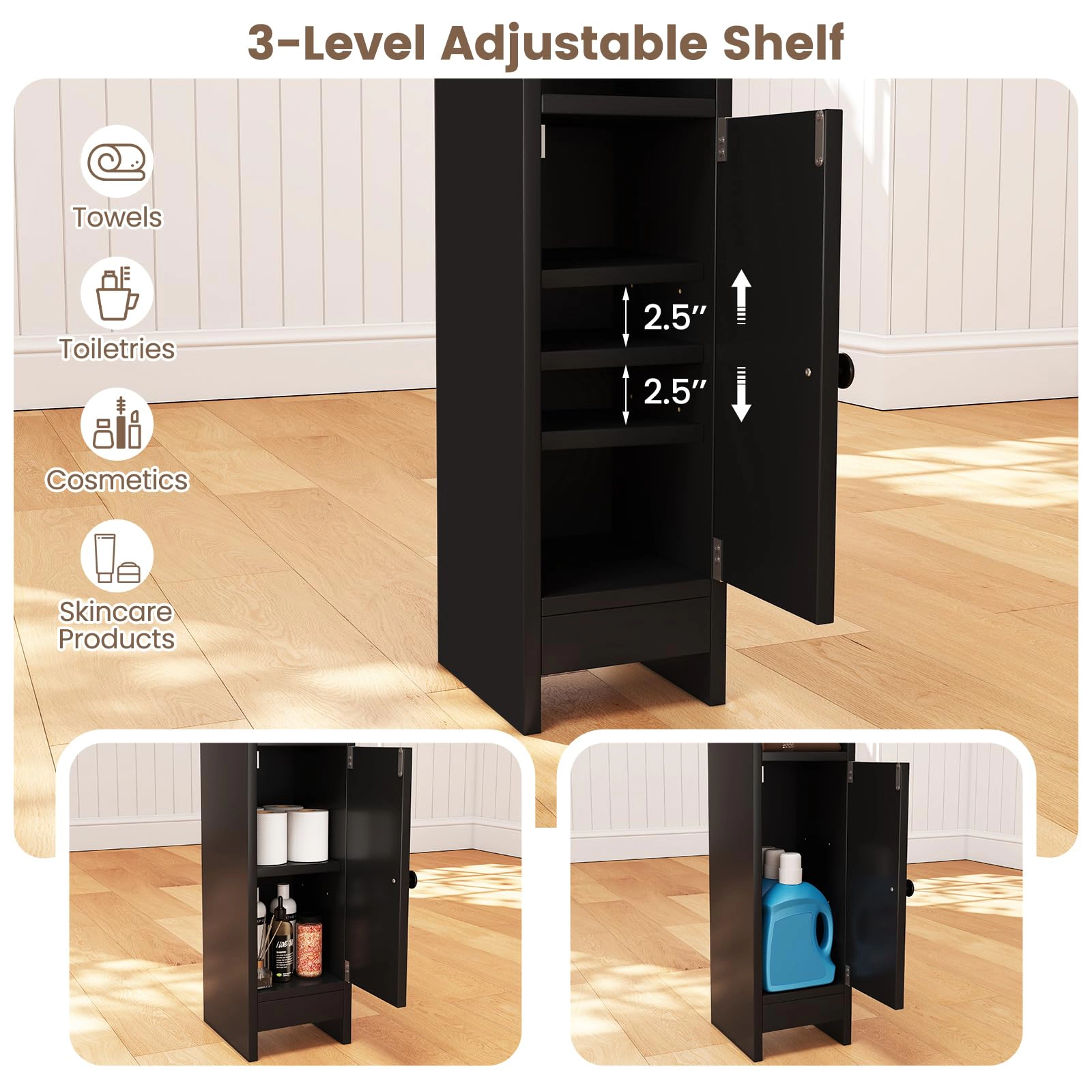 Glintex Slim Corner Bathroom Cabinet with Fall Guard Top and 3-Tier Shelf
