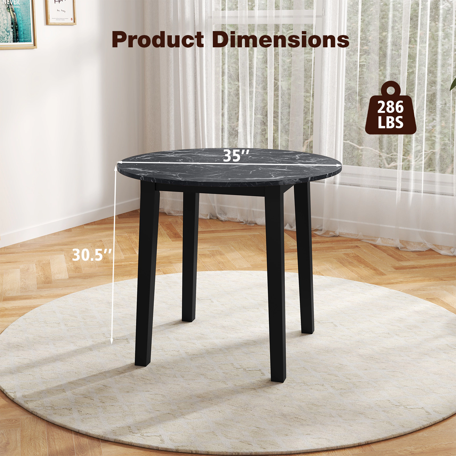 LJG 35 Inch Round Dining Table with Rubber Wood Legs and Marble-Textured Veneer Tabletop