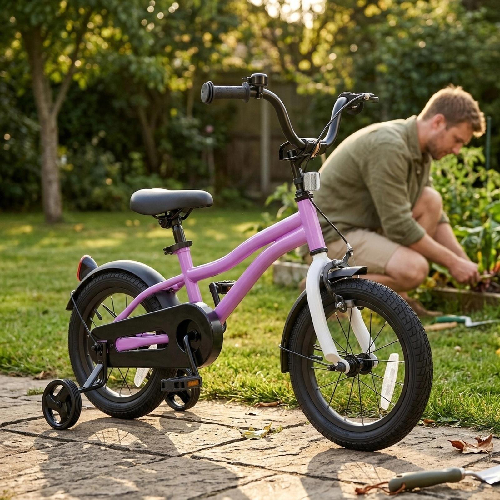 14-in Kids Bicycle Quick Release Seat Clamp Detachable Training Wheels Anti Puncture Tires Bell Ages 3-5 Purple