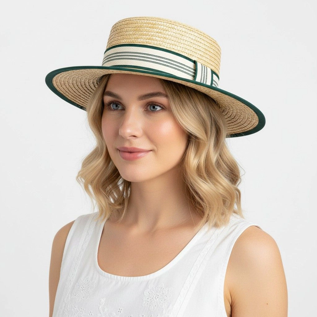 Anna-Kaci Women's Women Straw Boater Hat Wide Brim Summer Sun with Striped Band Trim