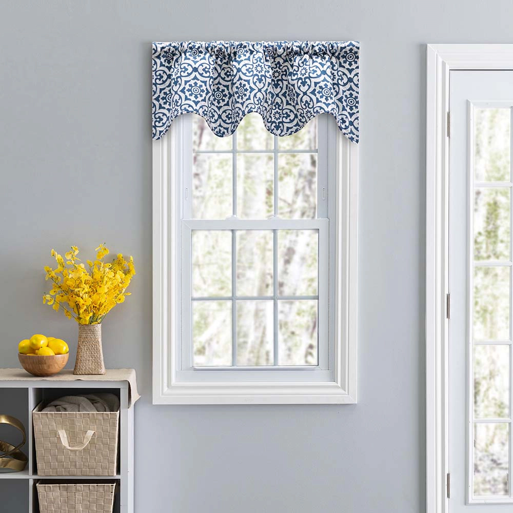 Ellis Athens Printed Tile Design on a Ground 3" Rod Pocket Premium Scallop Valance Lined 50"x16" Navy
