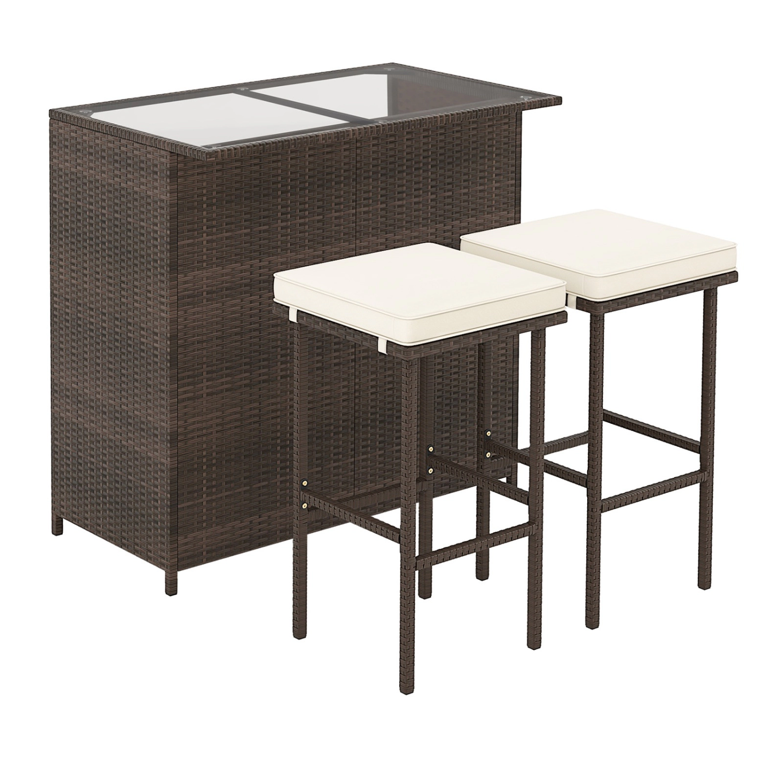 SUGIFT 3-Piece Rattan Wicker Bar Set with Bar Table and Cushioned Stools 360-lb Chair Capacity As the Picture Shows