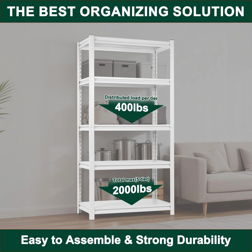 Flynama 5-Tier Freestanding Household Shelving, Heavy Duty Steel, Adjustable, White (31.5"W x 63"H x 15.7"D)