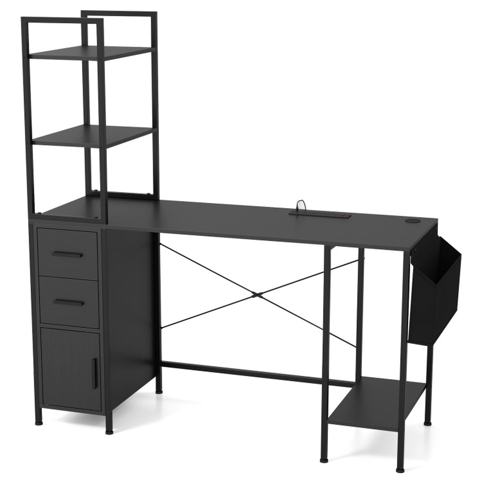 SUGIFT 57-Inch Black LED Gaming Computer Desk with Tower Stand, 4 Outlets, USB and Type-C