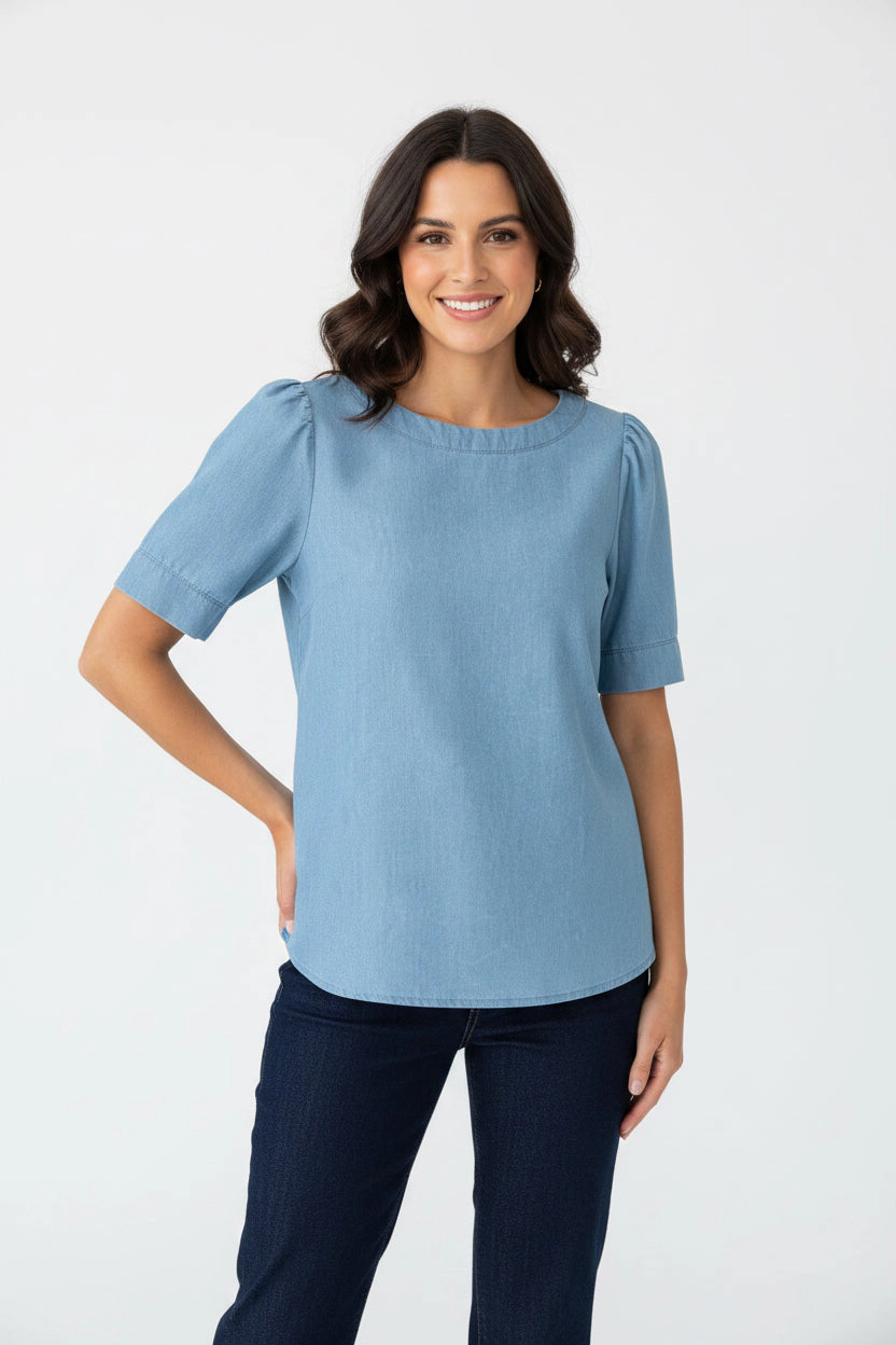 DressAtR Women's Light Blue Denim Round Neck Elbow Sleeve Back Button Blouse