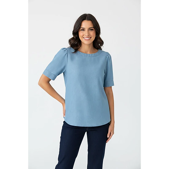 DressAtR Women's Light Blue Denim Round Neck Elbow Sleeve Back Button Blouse