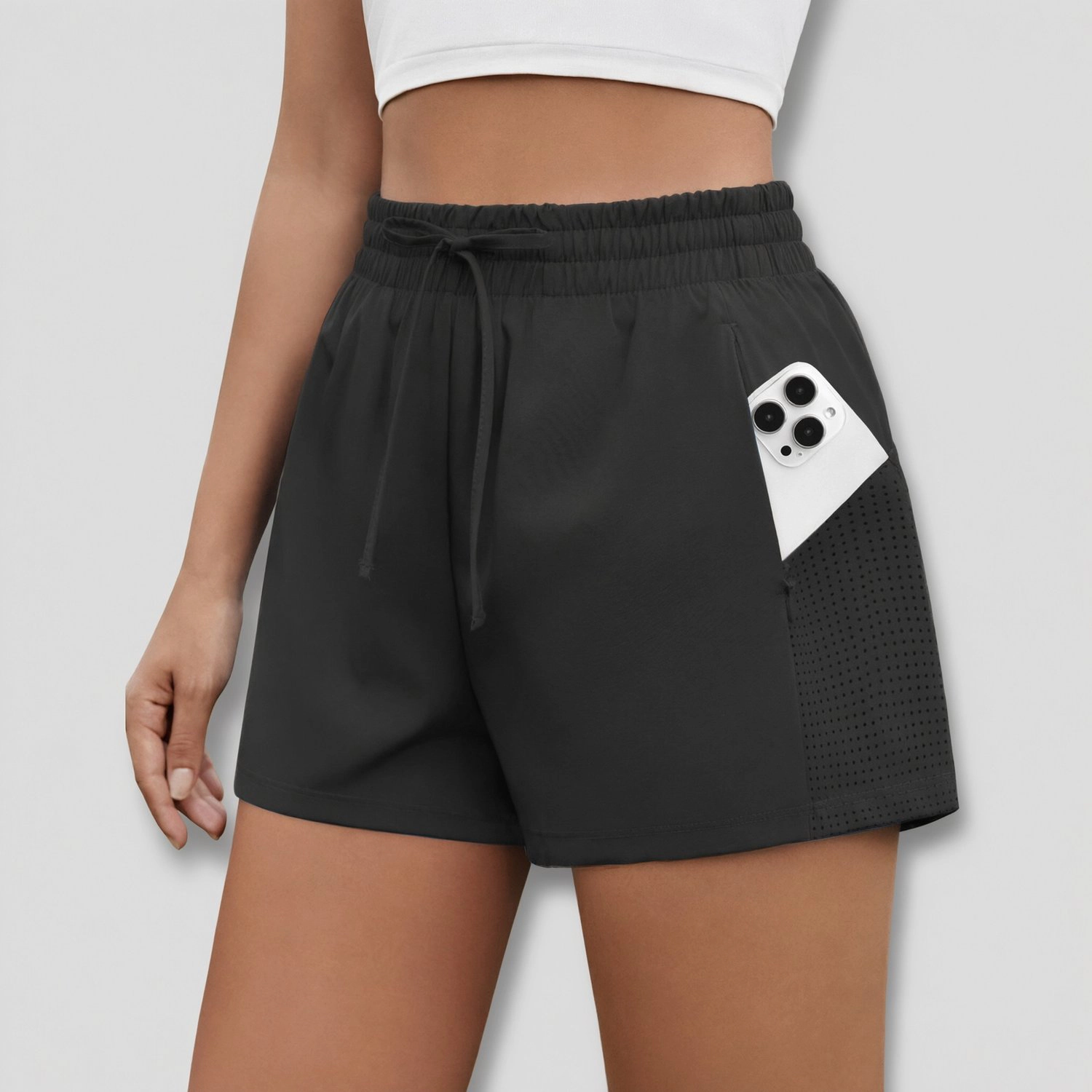 Pinspark Womens High Waist Running Shorts Drawstring Side Pockets Mesh Athletic