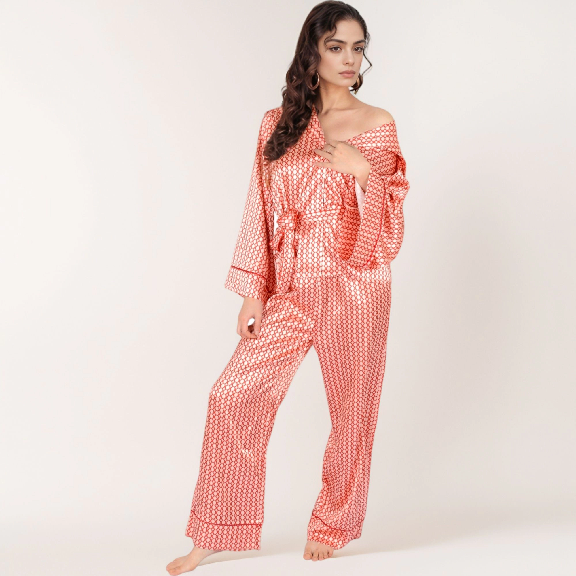 Anna-Kaci Women's Printed Satin Pajama Set Long Sleeve Wrap Top Self-Tie Waist and Full-Length Relaxed Fit Lounge Pants