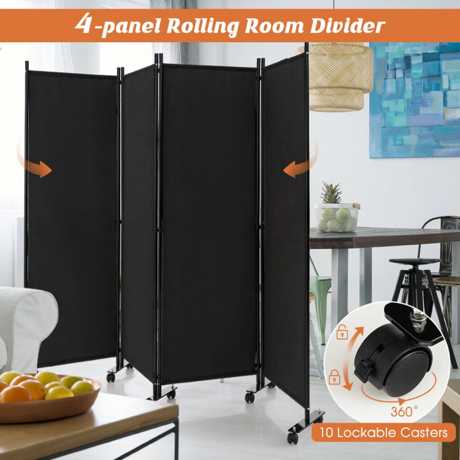 SUGIFT 4-Panel Lockable Casters Folding Privacy Screen Room Divider 89-in x 12-in x 68-in 10 Wheels 19-lb Black