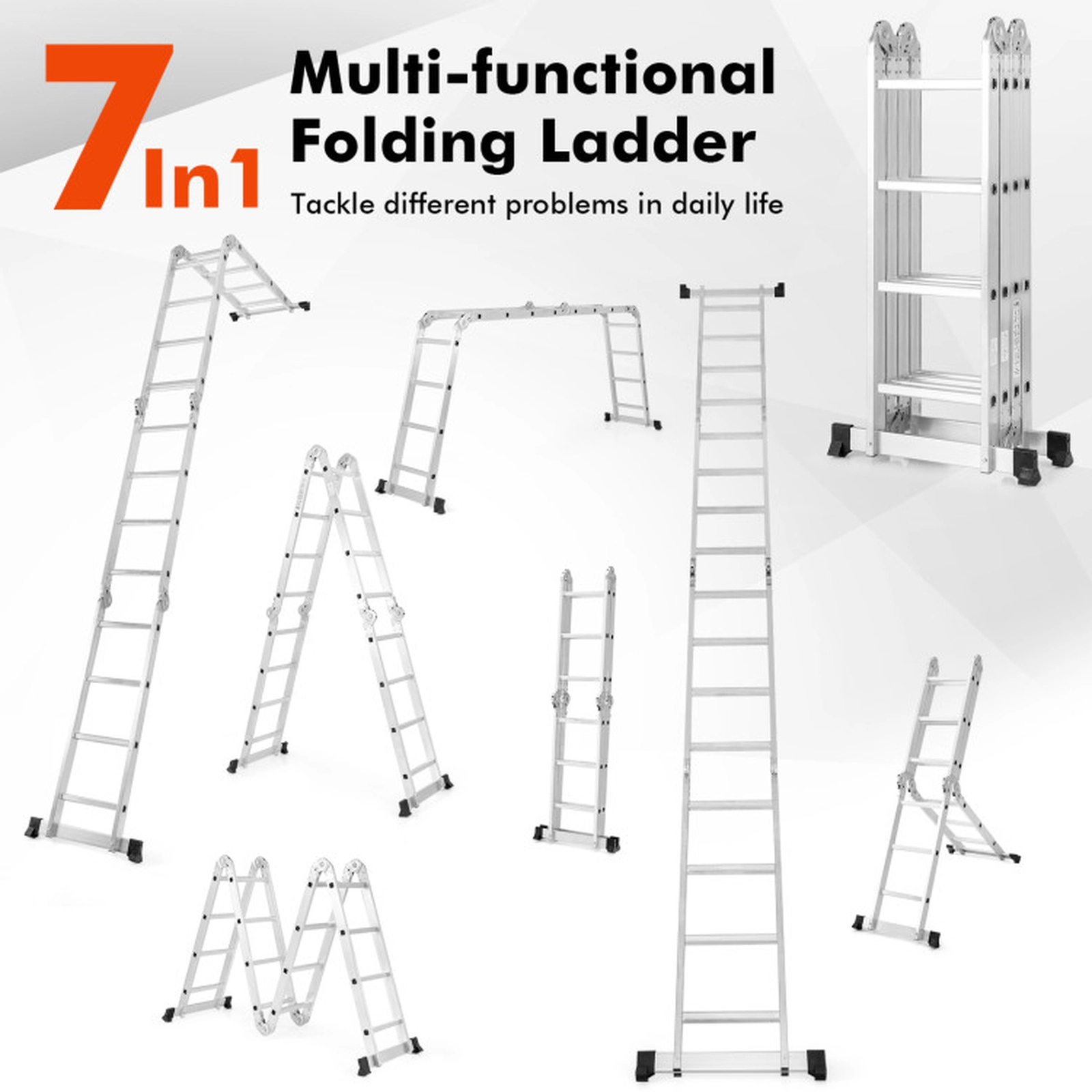 SUGIFT 15-ft 7-in-1 Folding Aluminum Alloy Multi-Purpose Ladder 24-in x 4.5-in x 181.5-in 330-lb Capacity Silver
