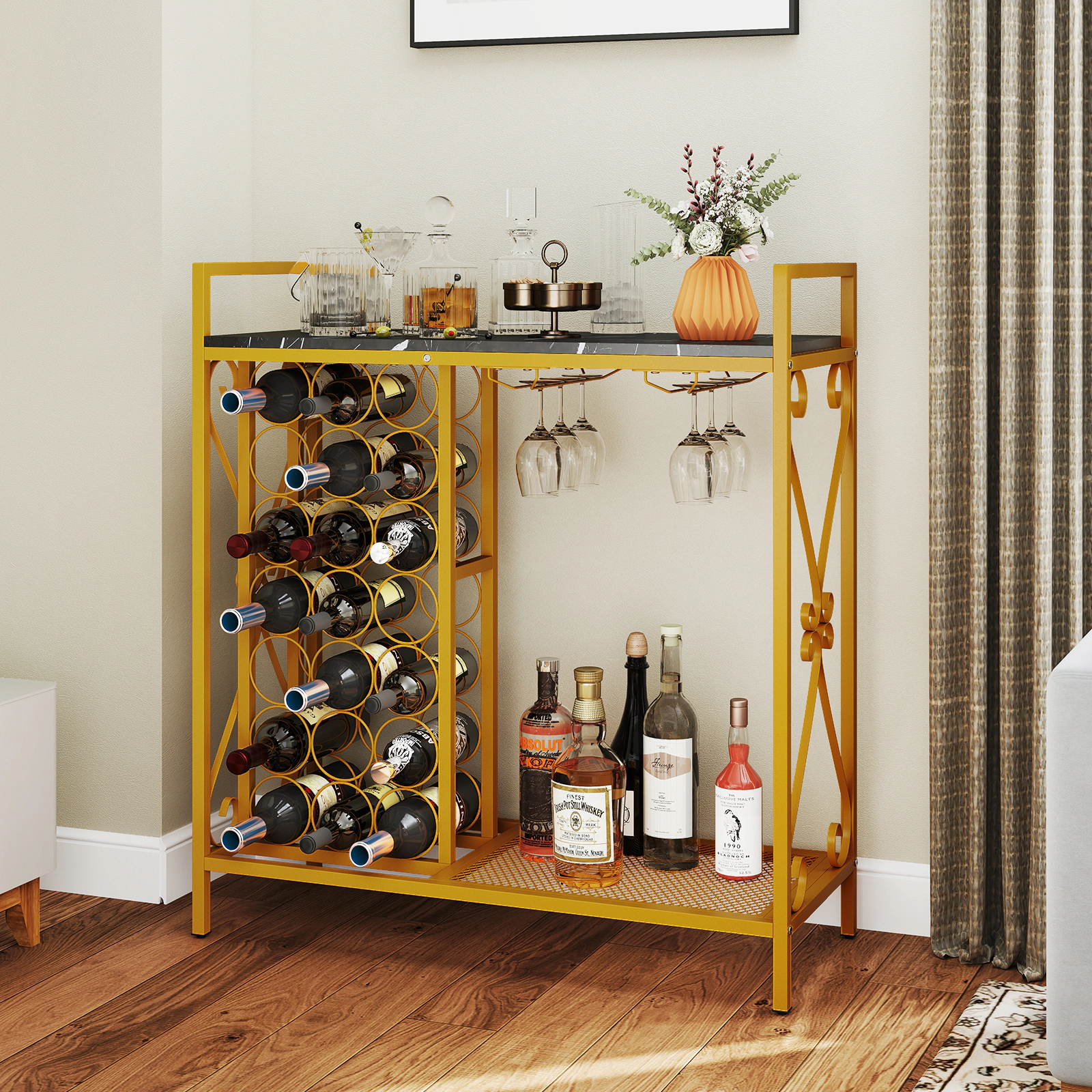 LJG 21 Bottle Wine Rack Freestanding Floor Organizer with Glass Holder