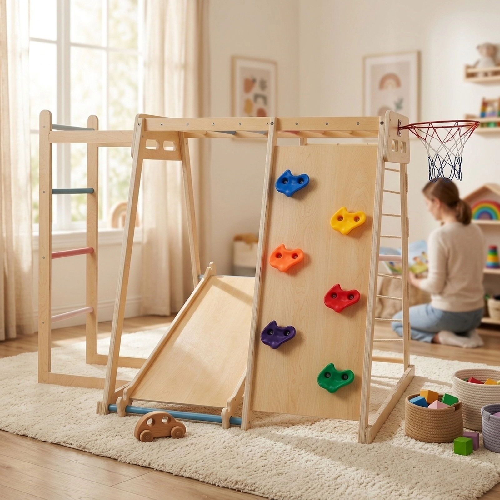 6-in-1 Kids Indoor Playground Jungle Gym Reversible Slide Rock Ramp Ball Rim Floor Anchors 330-lb Ages 3-14 Macaron