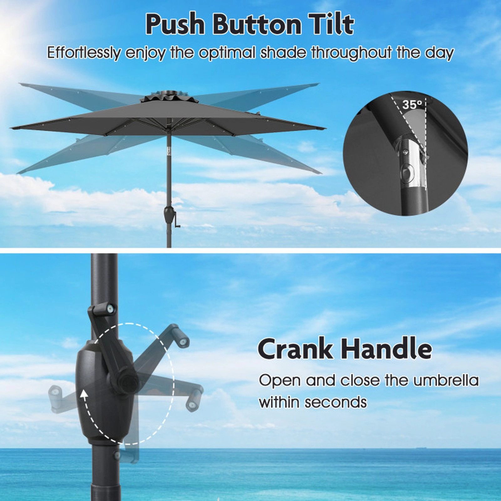 SUGIFT Solar Powered Patio Umbrella with 18 LED Lights and Crank Handle 7.5-ft Metal Polyester Frame Gray