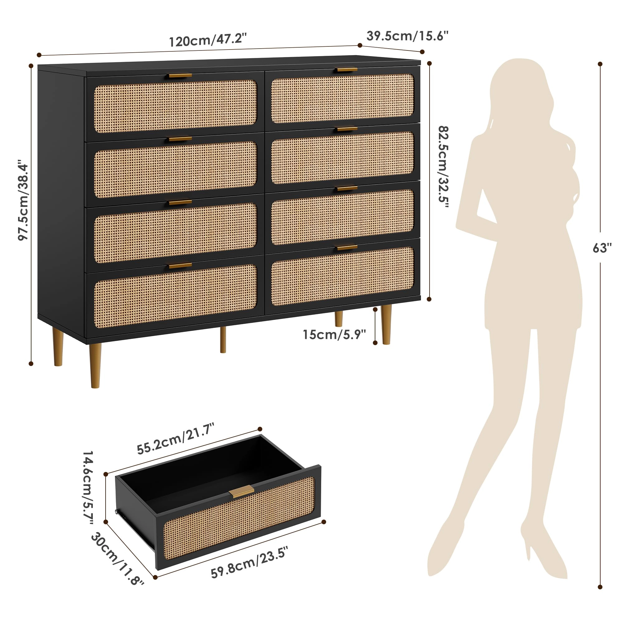 8 Drawer Rattan Dresser, Wooden Chest with Deep Drawers & Wide Top for Bedroom Living Room Hallway