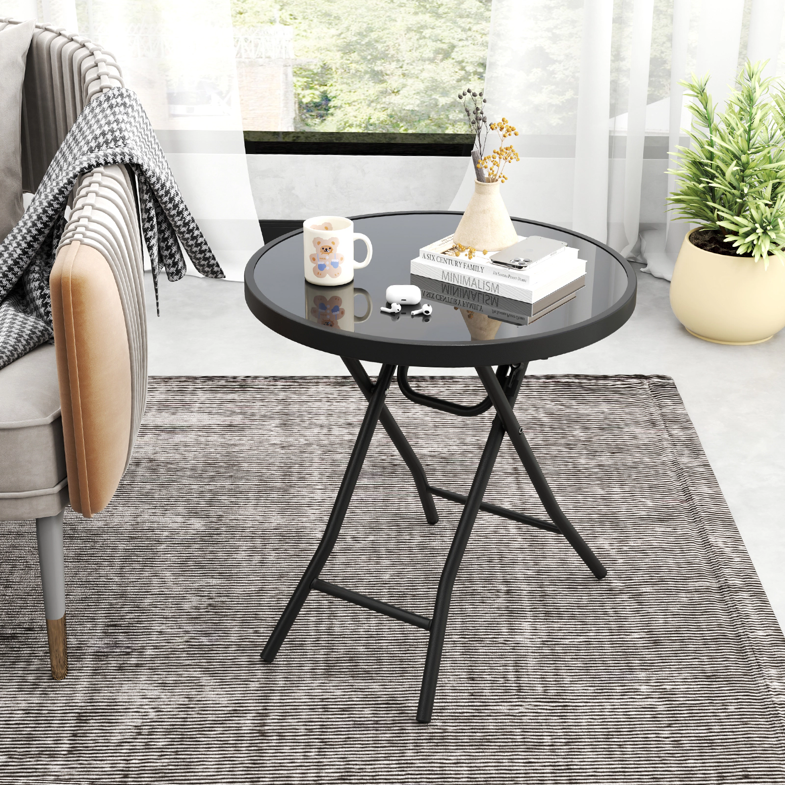 LJG 18 Inch Folding Side Table Patio Round Compact Coffee Table