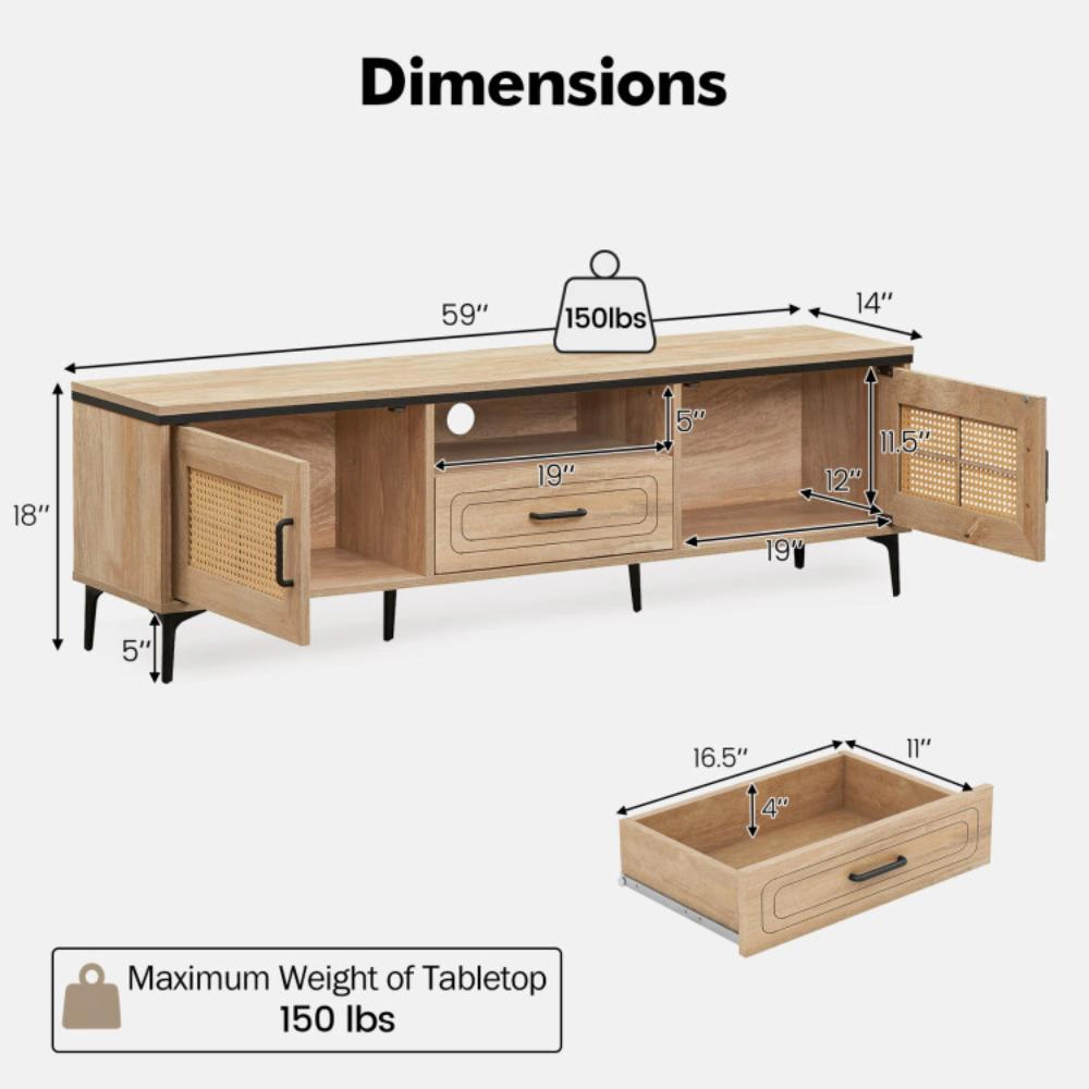Hivvago Mid Century Modern Entertainment Center With 2 Cabinets And Storage Drawer-Oak