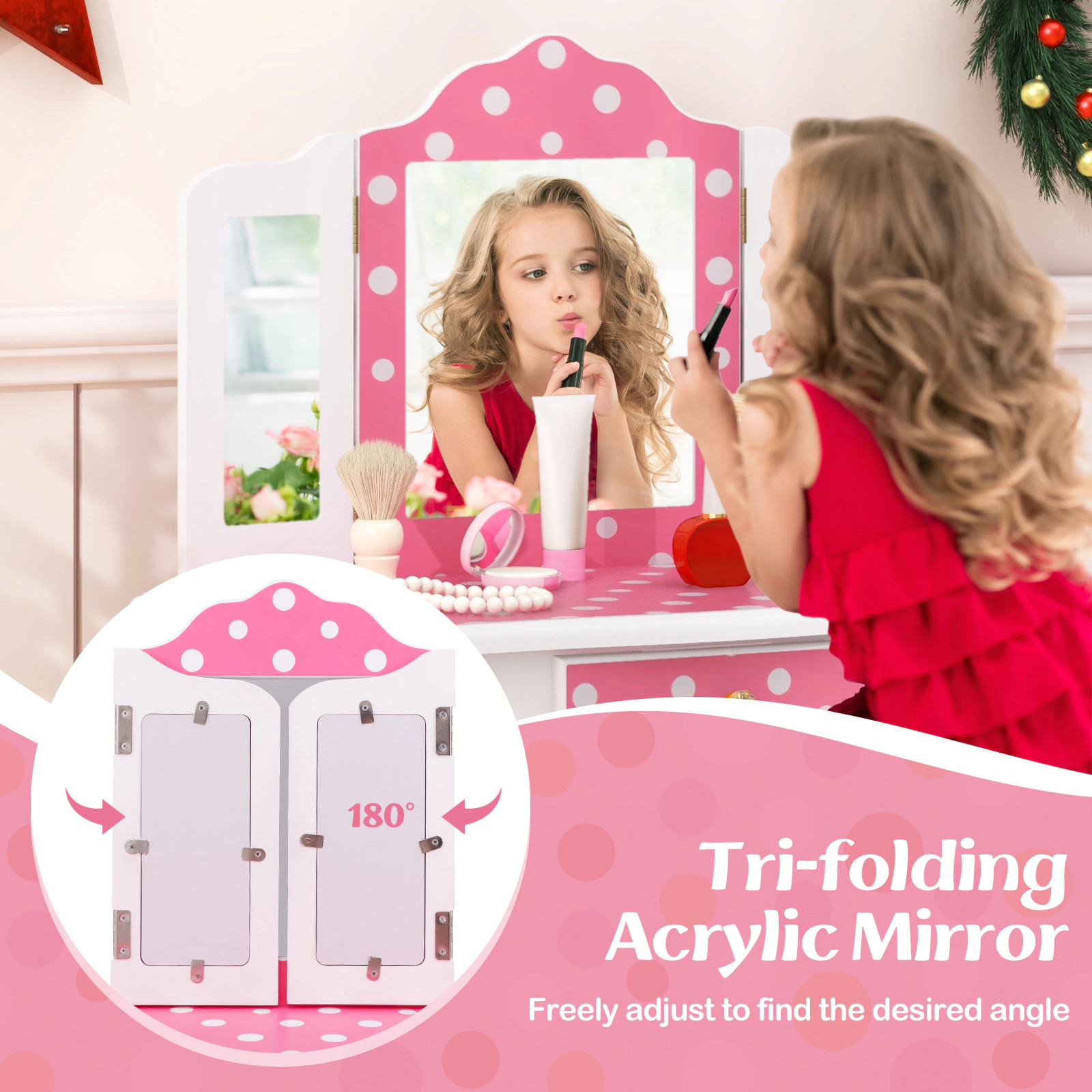 SUGIFT Toddler Princess Vanity Set with Stool, Polka Dots and Tri-Fold Mirror