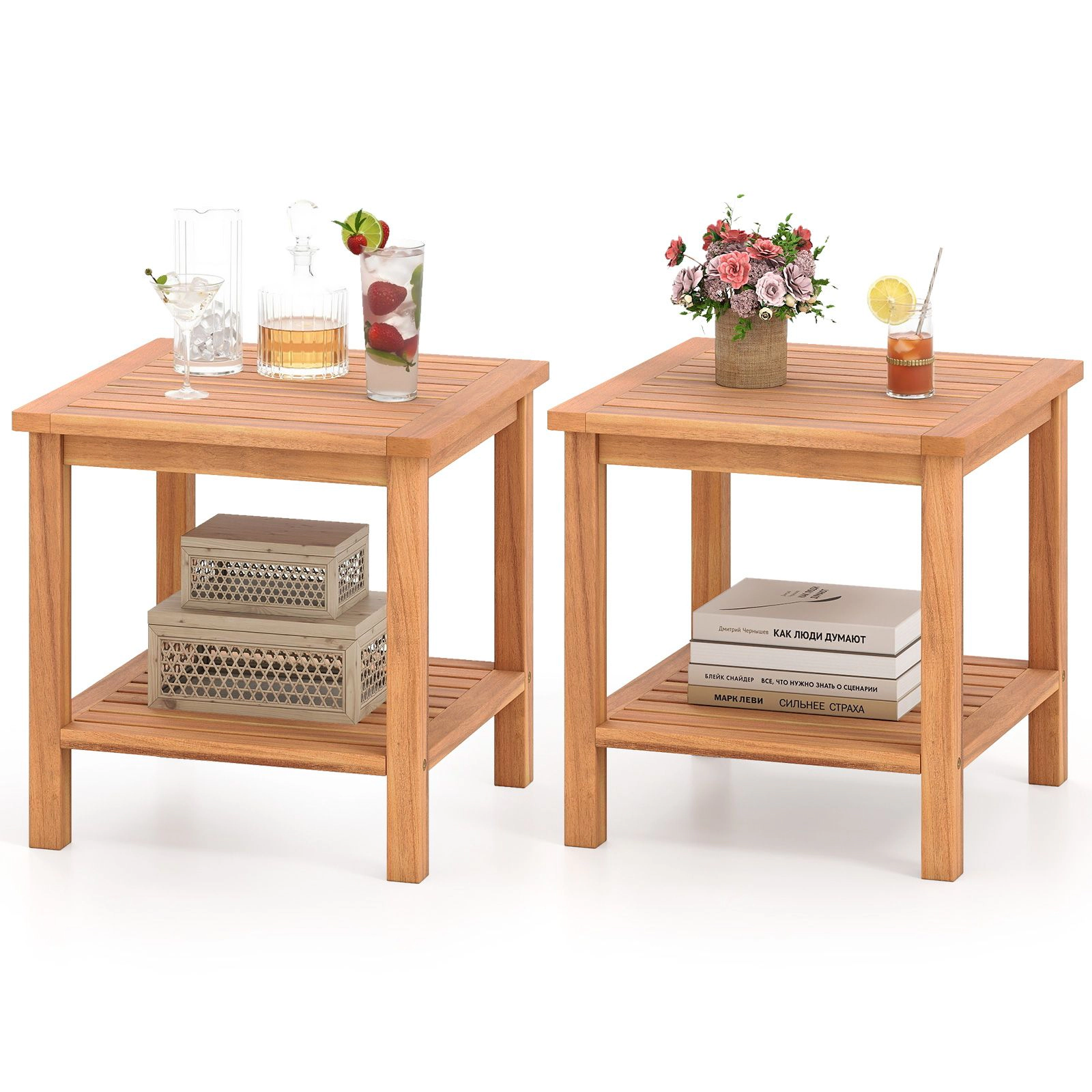 SlickBlue Acacia Wood Patio Side Table with 2-Tier Storage Shelf