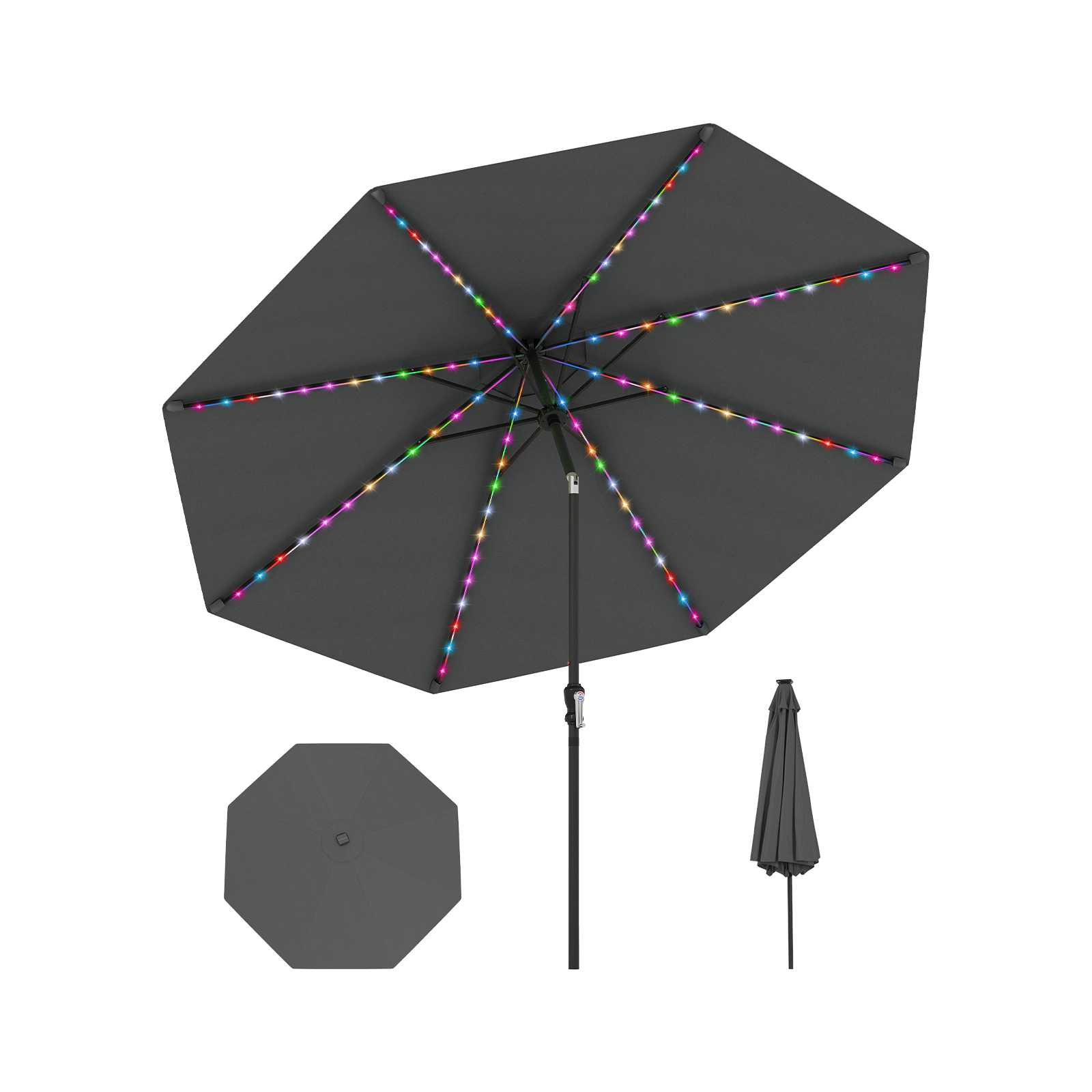 SUGIFT Solar Patio Umbrella with 96 Multi-Colored Flowing LED Lights 9 Lighting Modes and Push-Button Tilt 10-Ft Gray