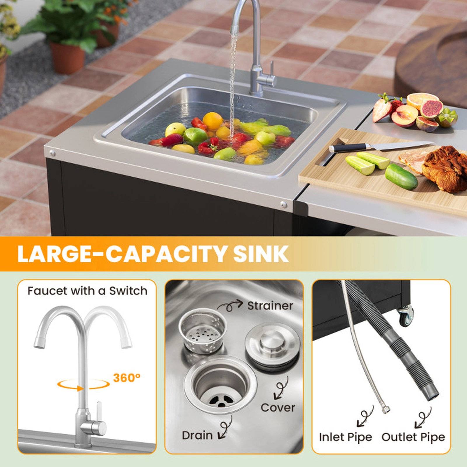 SUGIFT Black Outdoor Grill Table with Sink and Storage Cabinet 80-in W 24-in D 50.5-in H 385-lb Countertop Capacity