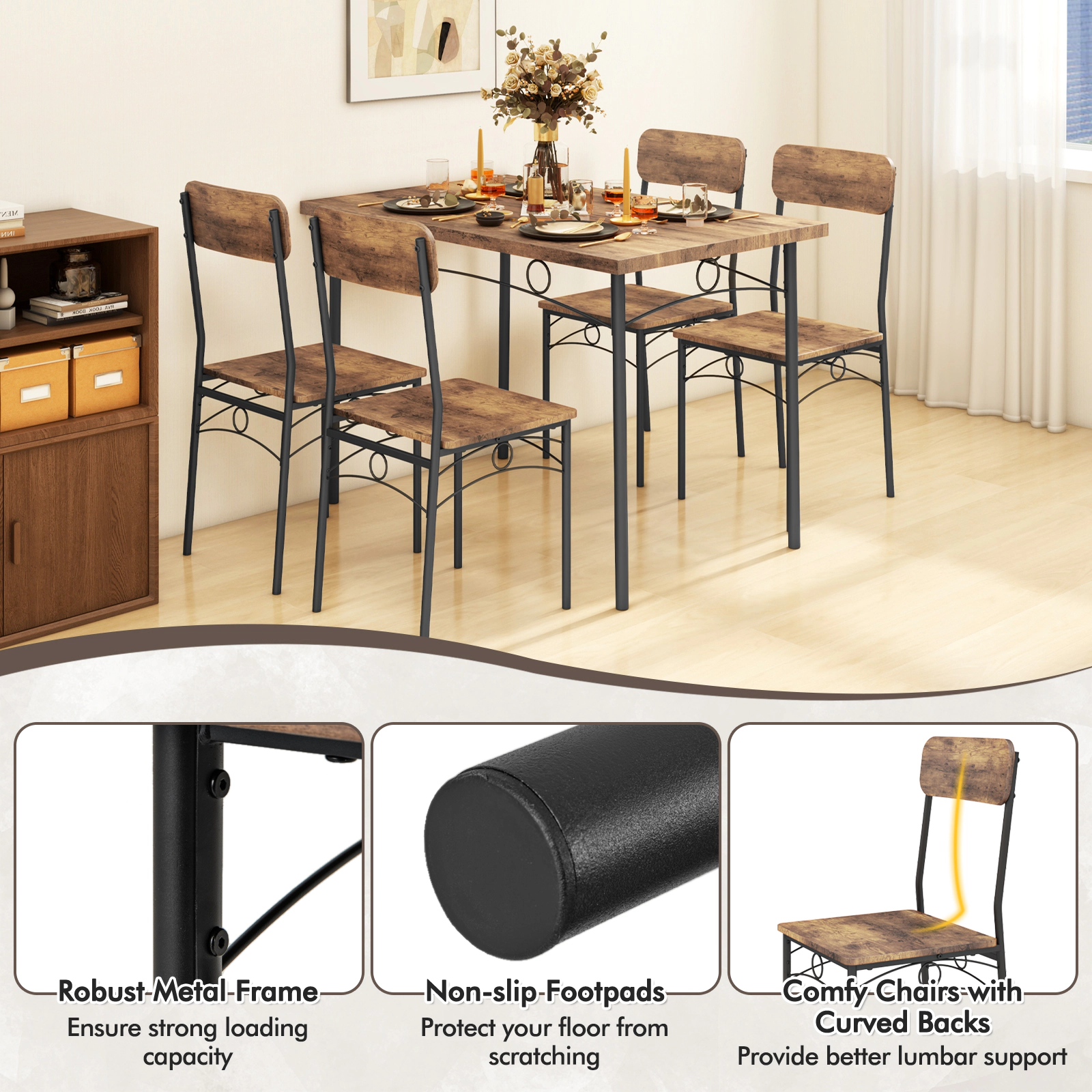 SUGIFT 5-Piece Industrial Dining Table Set for 4 with 43 x 28 x 30 in Table 200-lb Capacity 330-lb Chairs Coffee+Black