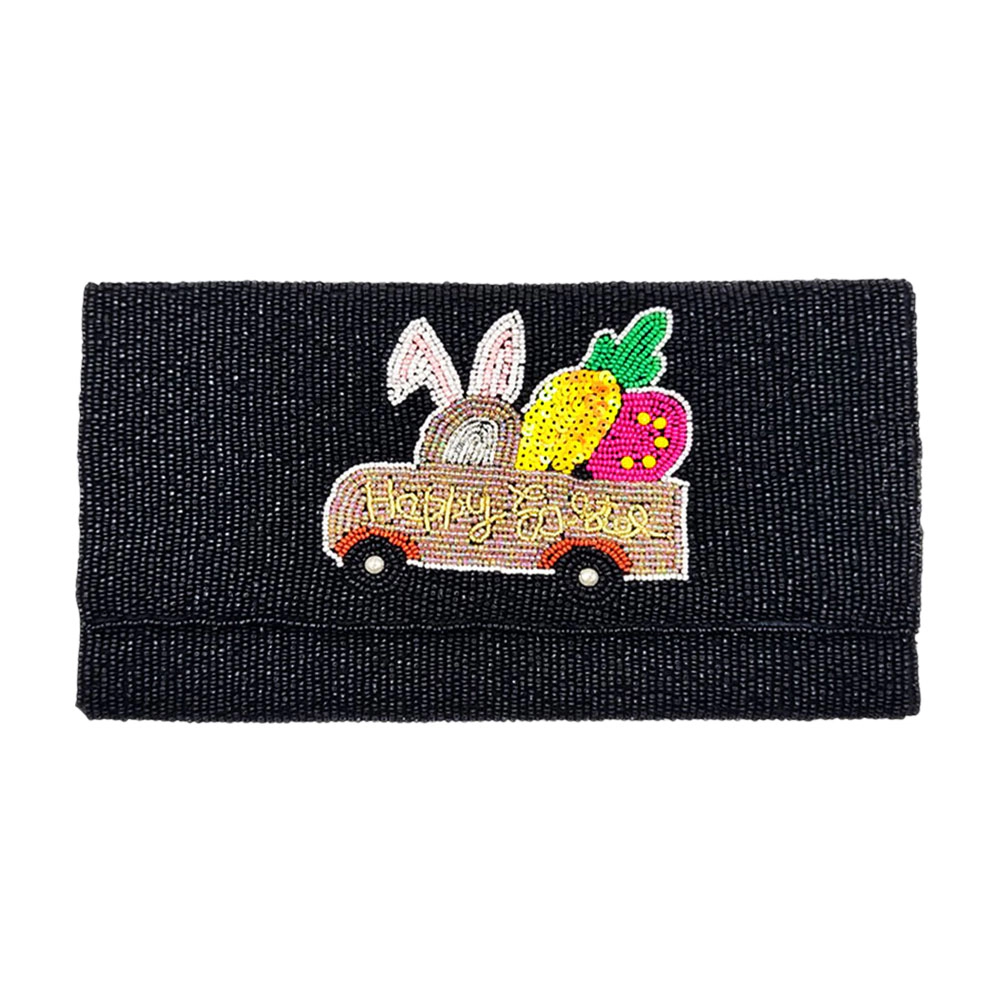 Fashnzfab Happy Easter Message Carrot Bunny Car Seed Beaded Clutch / Crossbody Bag