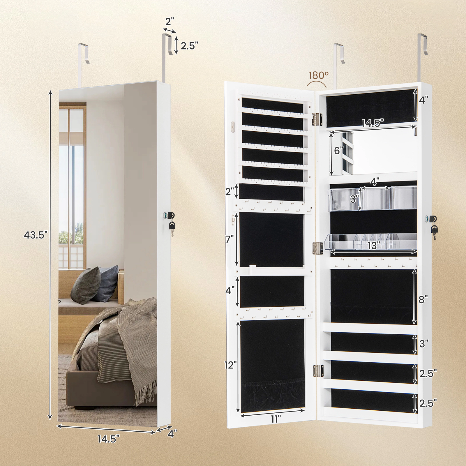 SUGIFT 43.5-in Full-Length Jewelry Mirror Cabinet with Interior Mirror Wall and Door Mount 1-Piece White
