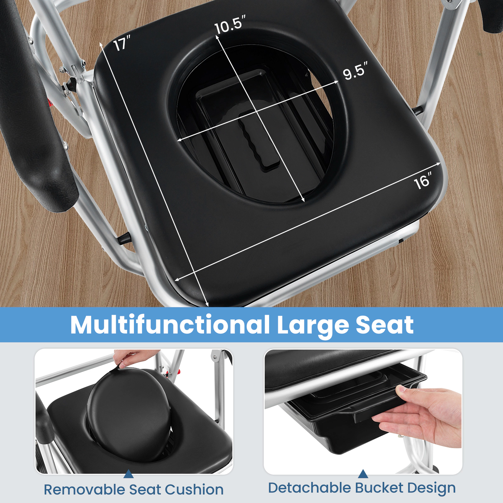 SUGIFT 4-in-1 Black Foldable Bedside Commode Chair with Bucket 30-in W 21.5-in D 38-in H 330-lb Seat Capacity