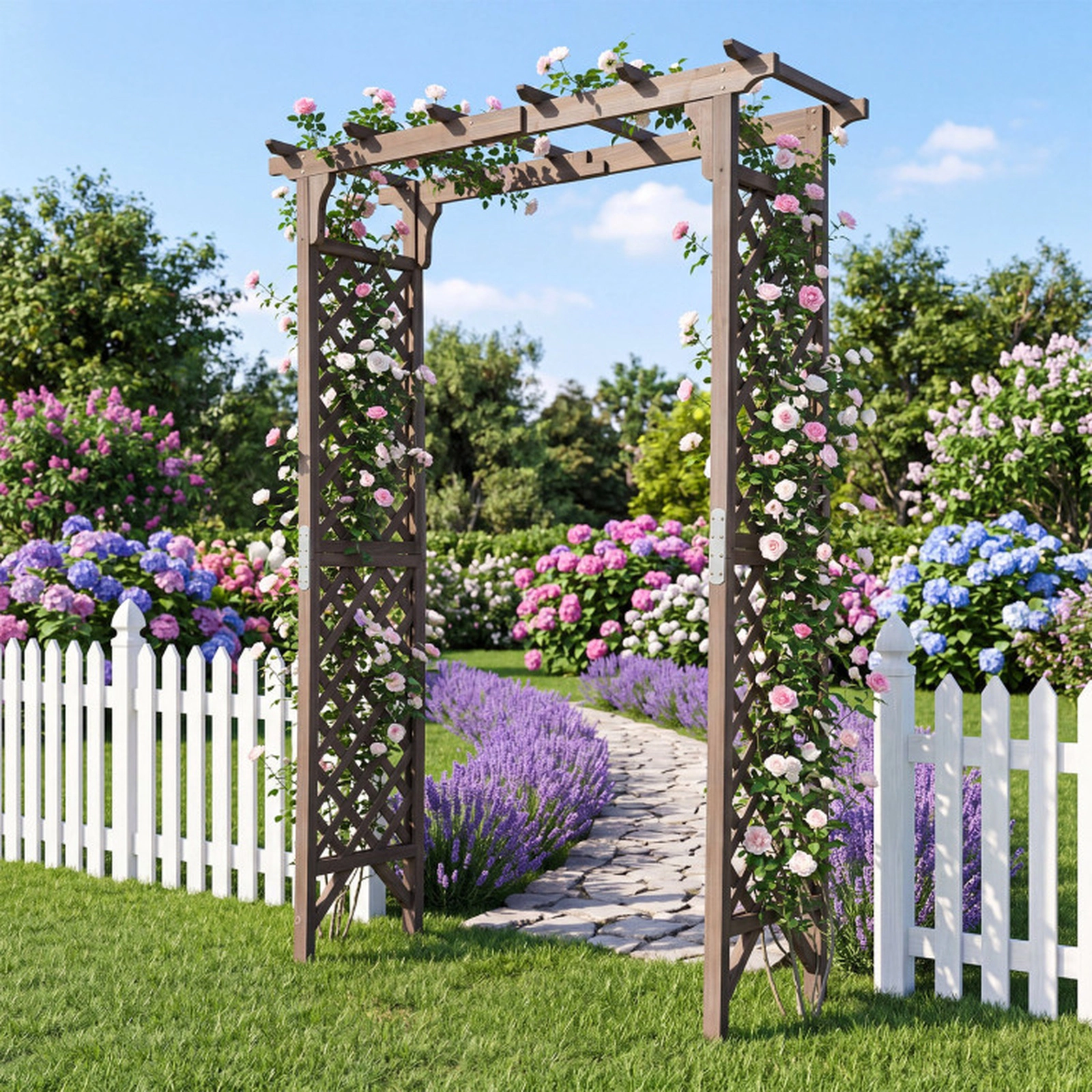 SUGIFT Dark Brown Flat Top Wooden Garden Arbor with Gate and Side Trellises 60-in W 24-in D 85-in H 49-in Entry W