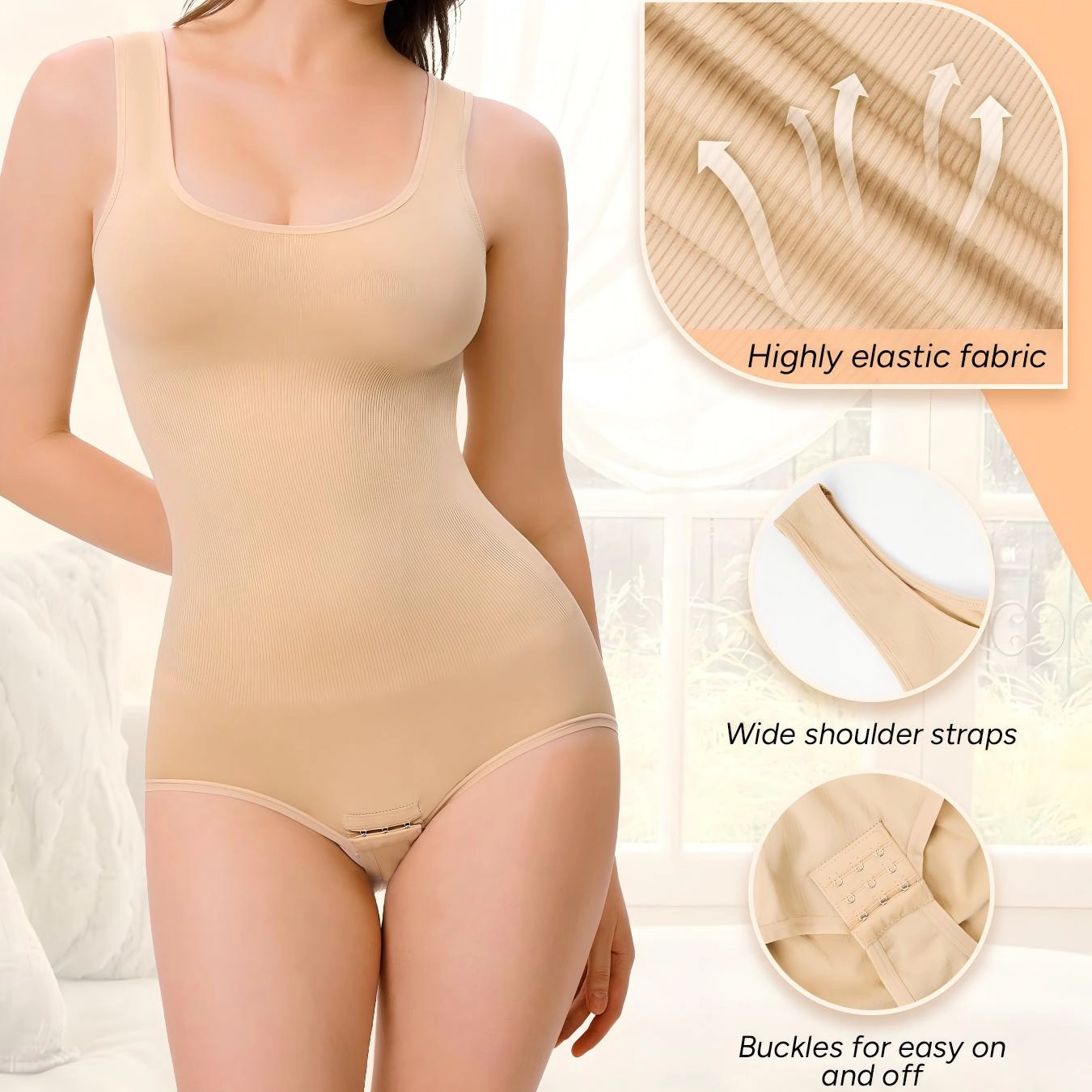 Nebility Womens One Pieces Seamless Bodysuit Round Neck Tummy Control Snap-Button Strip Down Shapewear