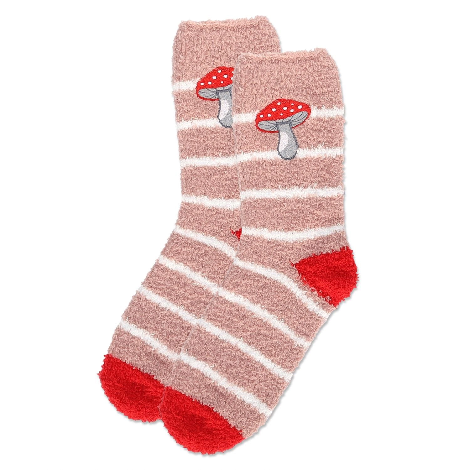 MeMoi Women's Striped Mushroom Embroidery Cozy Crew Socks