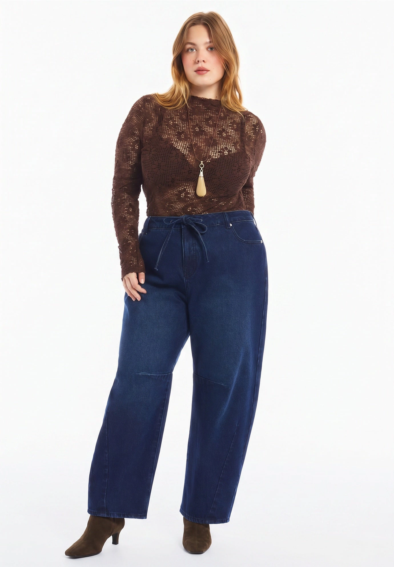 June & Vie Women's Plus Dramatic Drawstring Barrel Jean
