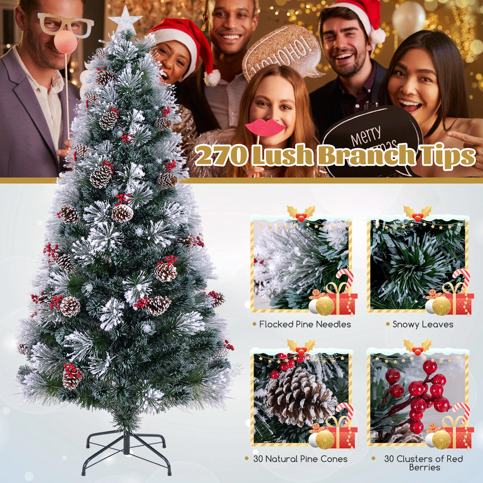 SUGIFT 7 ft Flocked Christmas Tree Pre-Lit with 8 Lighting Modes 30 Pine Cones and 30 Red Berries