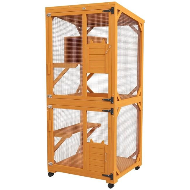 212 Main Paw Hut Wooden Cat House for 1-3 Cats Catio Enclosure on Wheels - Orange