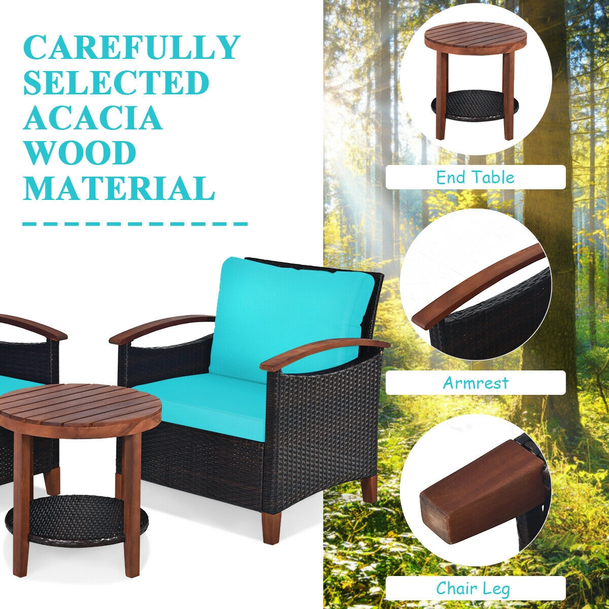 SUGIFT 3-Piece Turquoise Rattan Patio Set with Acacia Wood Frames