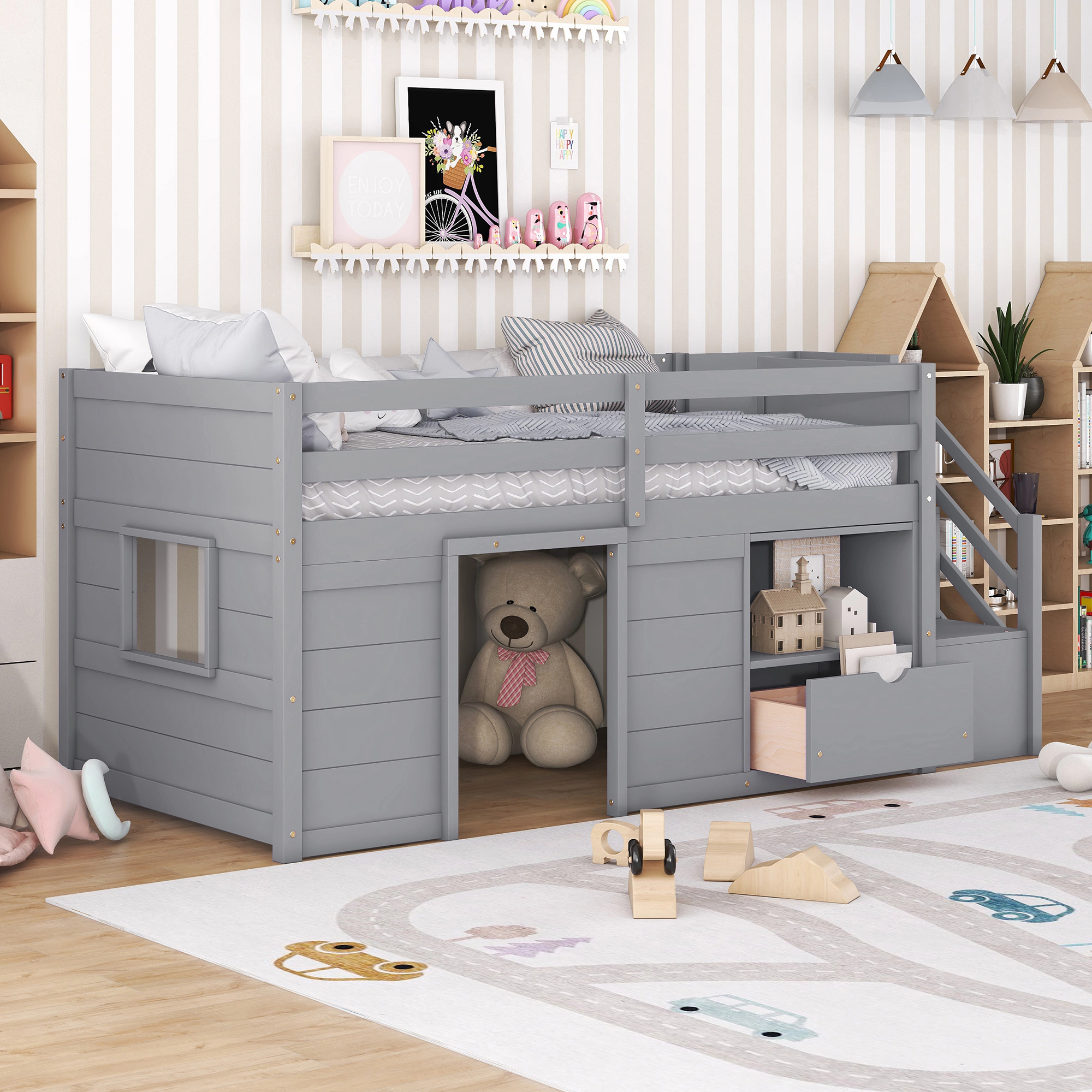 Flynama Twin Low Loft Bed, Solid Wood with Stair, Drawer & Shelf, Grey