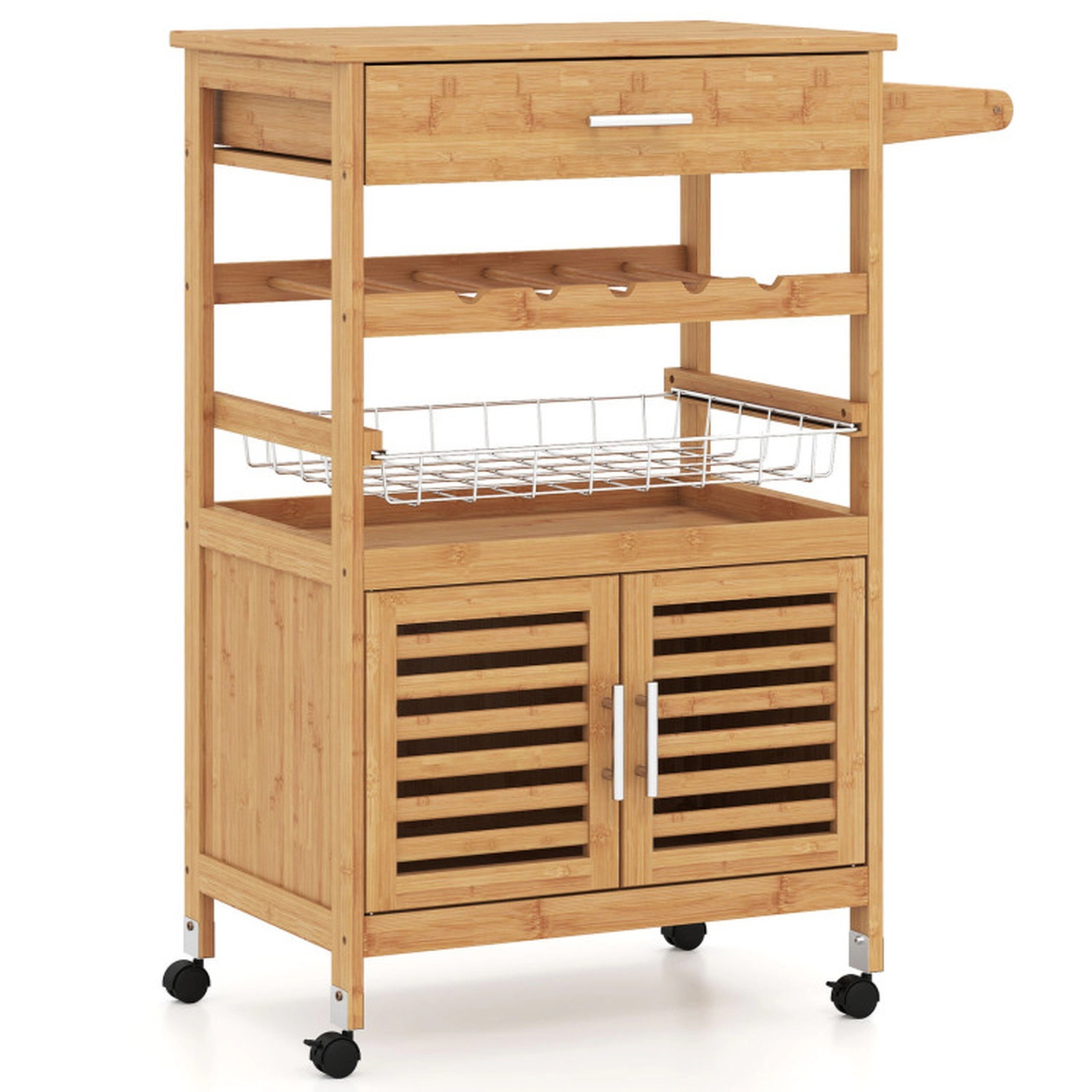 SUGIFT Bamboo Rolling Kitchen Island Trolley Cabinet Drawer Wine Rack 66-lb Top Capacity 27 x 14.5 x 35-in Natural