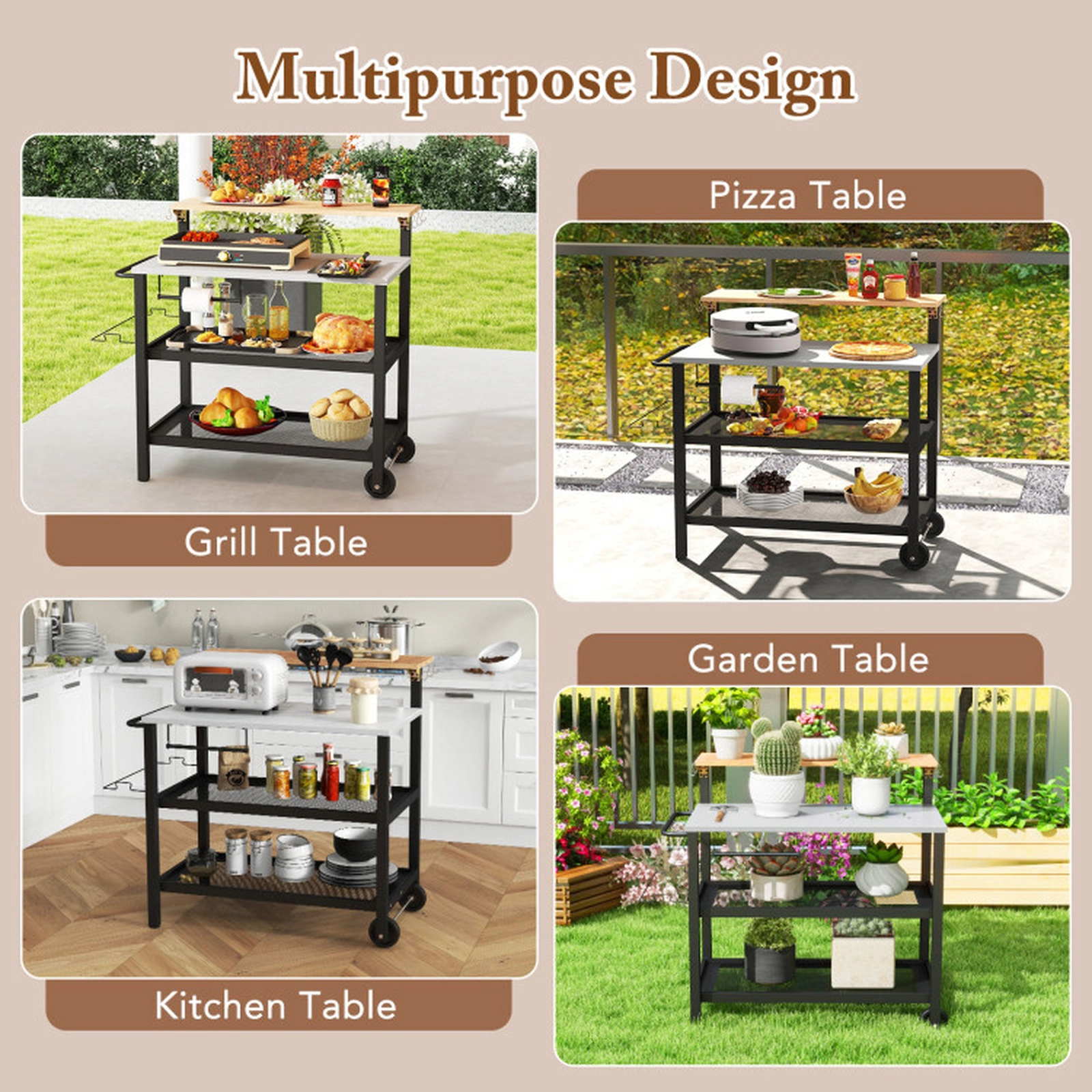 SUGIFT 3-Tier Galvanized Metal Flip-Up Table 6 Hooks Rolling Bar Cart 46-in x 22-in x 51-in 300-lb Capacity Black