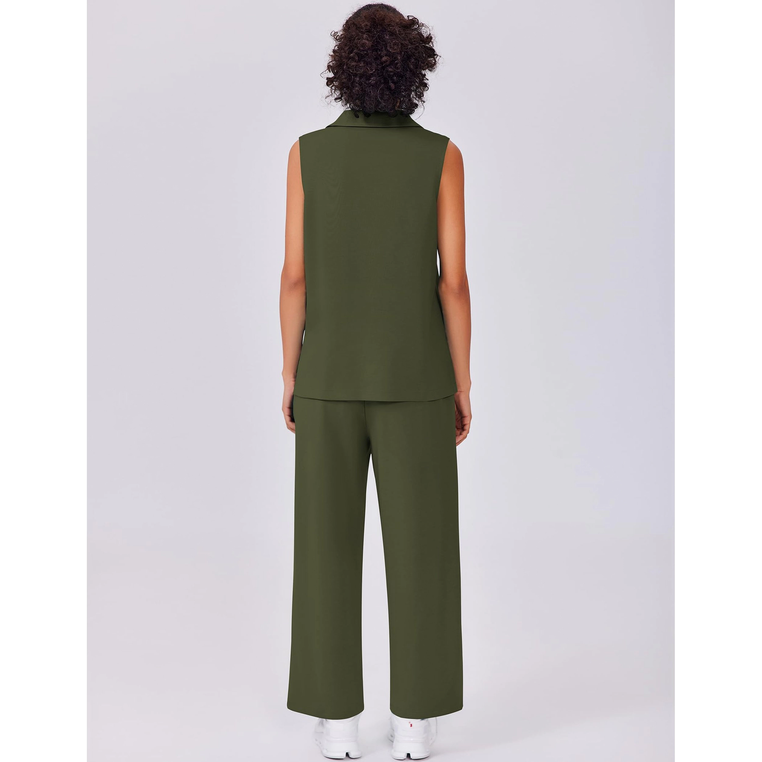 Pinspark Womens Sleeveless Polo V Neck Tops Wide Leg Pants 2 Piece Casual Lounge Sets
