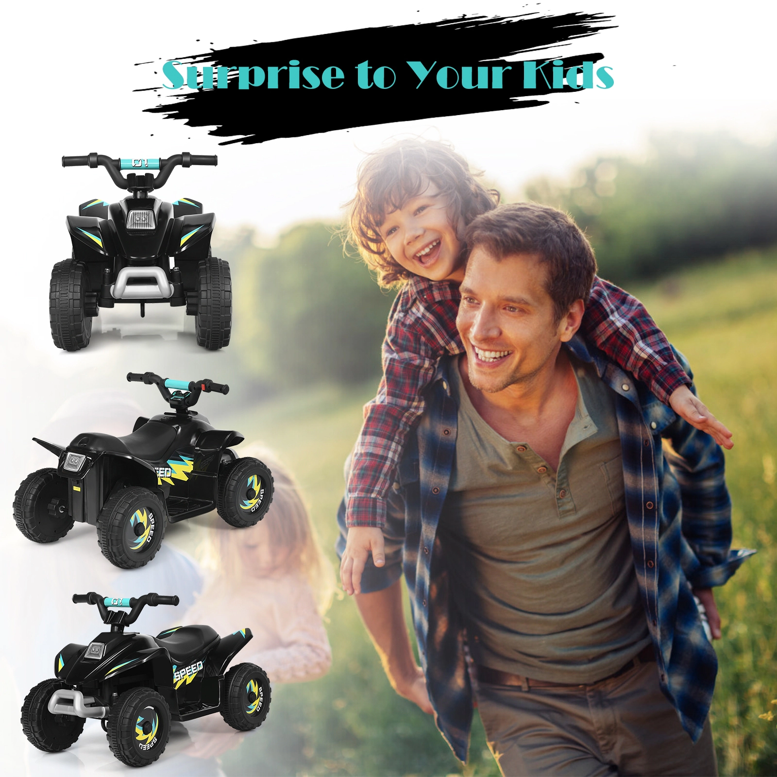 SUGIFT 6V Kids Electric 4-Wheel Ride-On ATV Quad 28.5-in Body 66-lb Capacity Ages 3+ Black PP and Iron Frame
