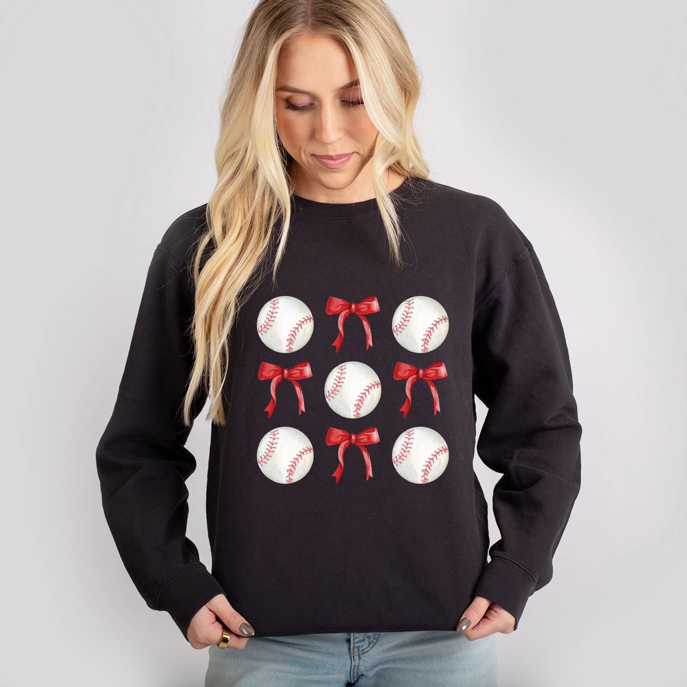 Simply Sage Market - Baseballs and Red Bows Watercolor Women's Lightweight Garment Dyed Sweatshirt