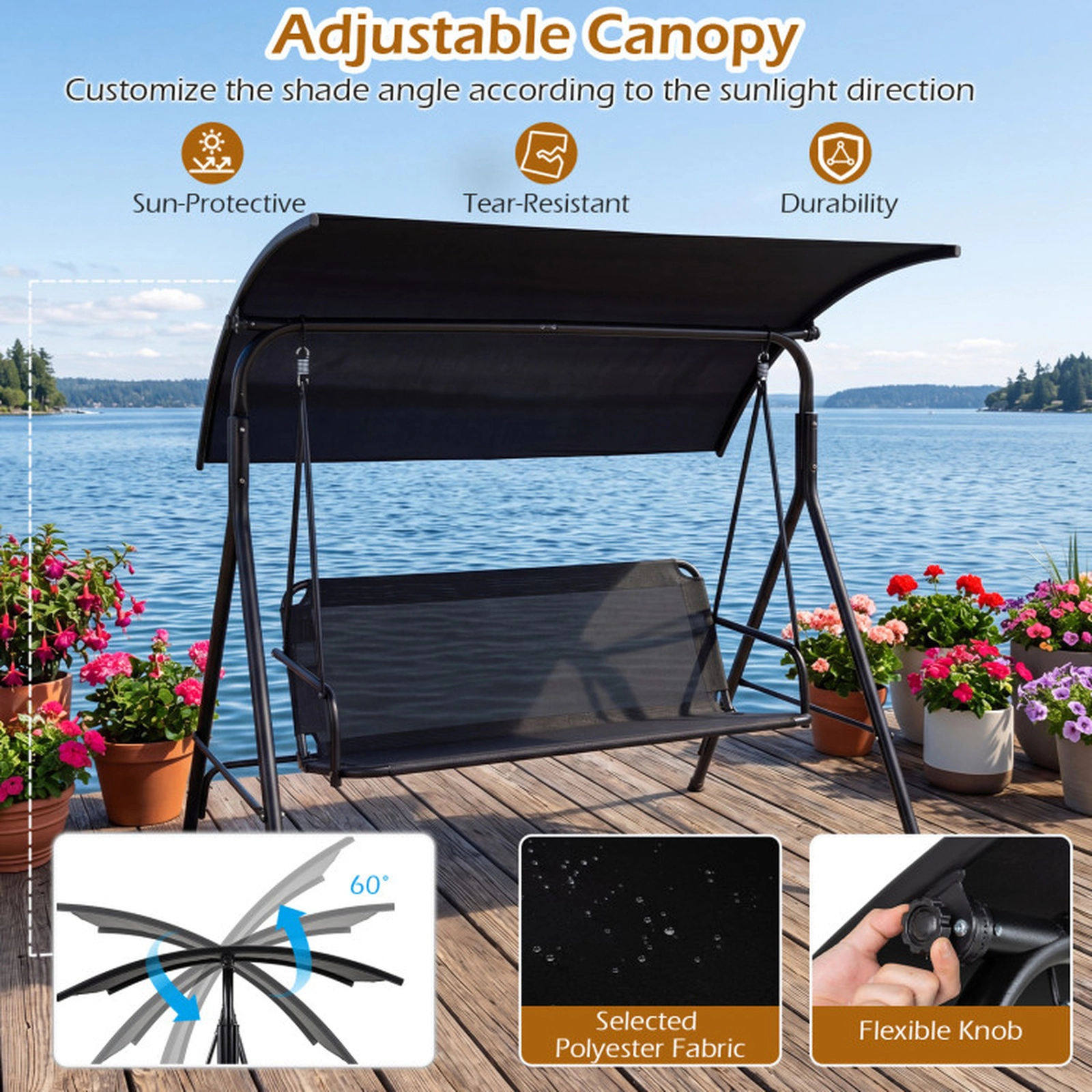 SUGIFT 3-Seat Outdoor Patio Swing Chair with Adjustable Canopy 800-lb Capacity Breathable Mesh Fabric Beige/Black