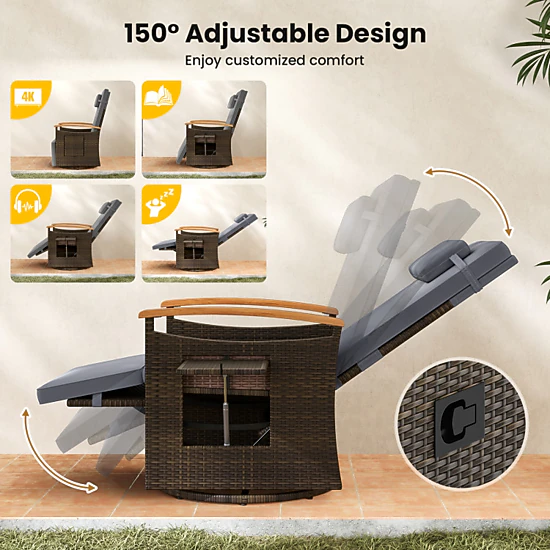 Hivvago Patio Rattan 360 Degree Swivel Recliner Chair With Adjustable Backrest And Footrest