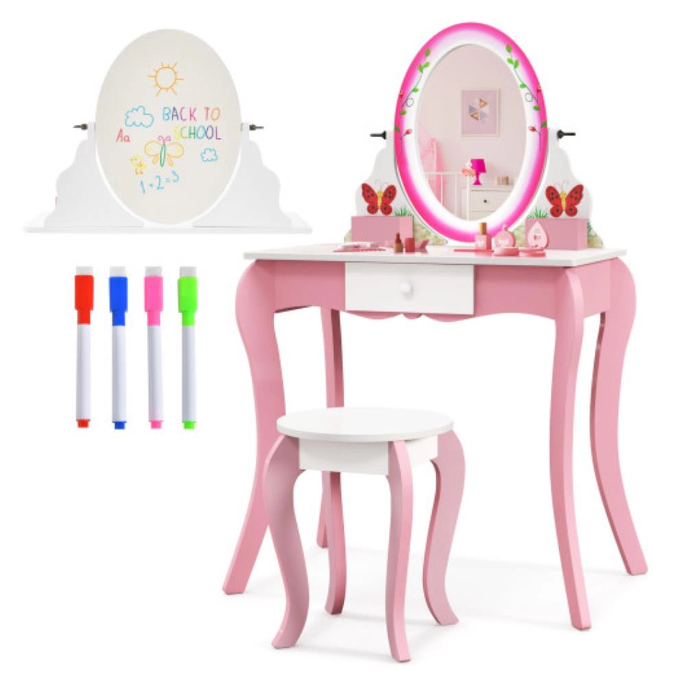 Hivvago Kids Vanity Table And Stool Set With 360Â° Rotating Mirror And Whiteboard-Pink