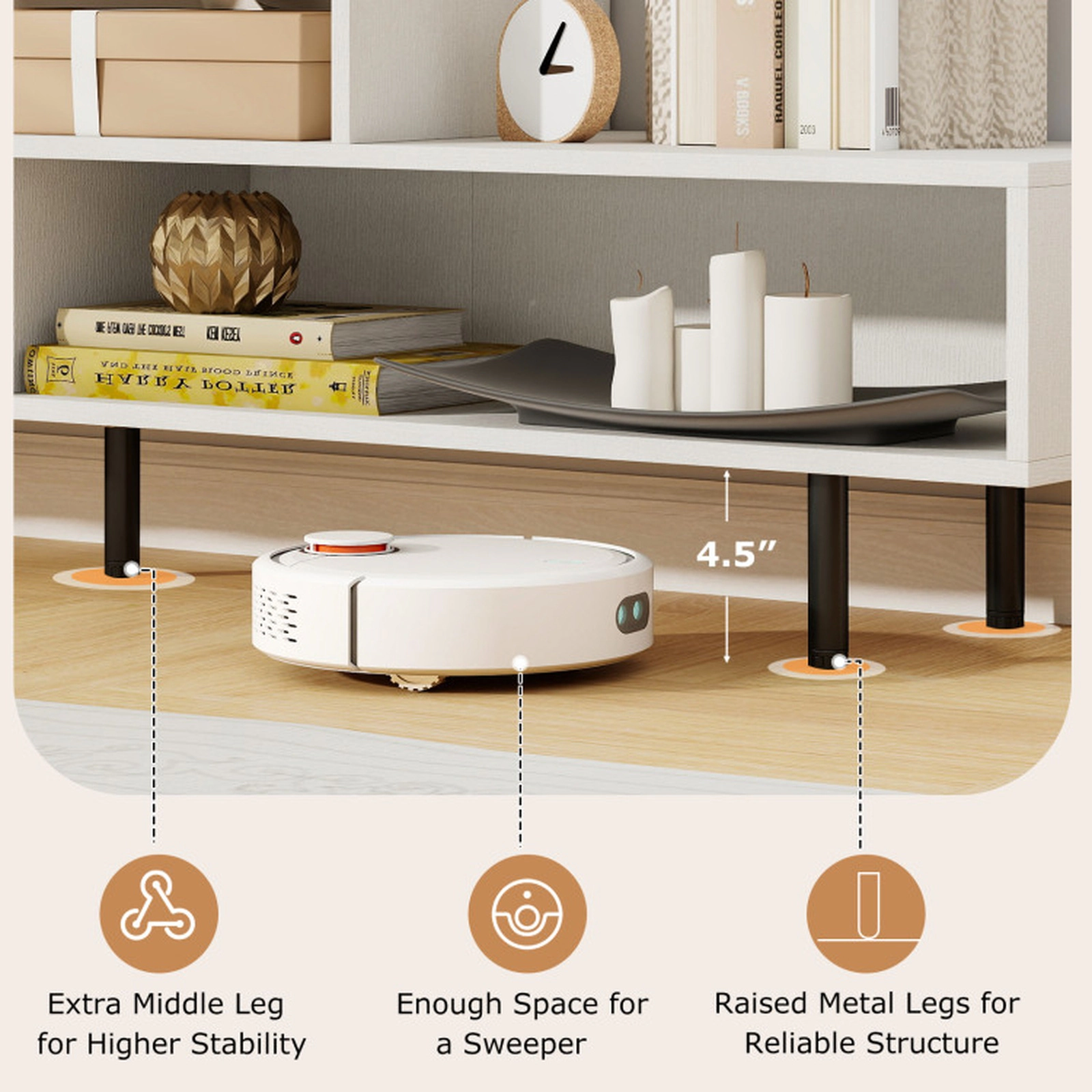 SUGIFT 3 Cubby TV Stand for TVs up to 70 in with Open Storage Compartments 155-lb Tabletop Capacity White