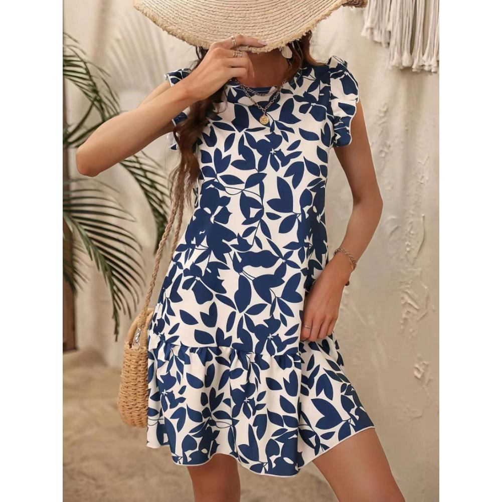 KOJOOIN Women's Printed Dress Short Ruffle Sleeve Flowy Knee Length Vacation