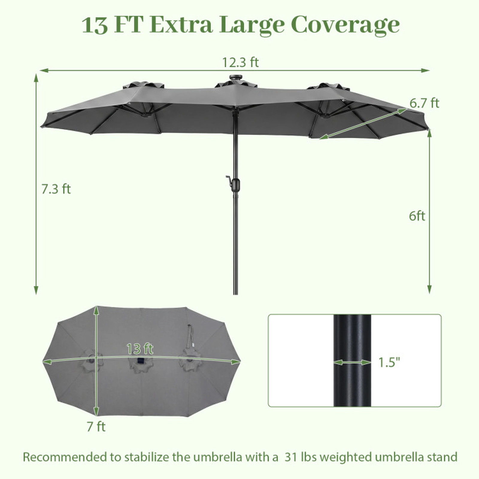 SUGIFT Solar LED Double-Sided Rectangle Patio Market Umbrella 13-ft Canopy Gray